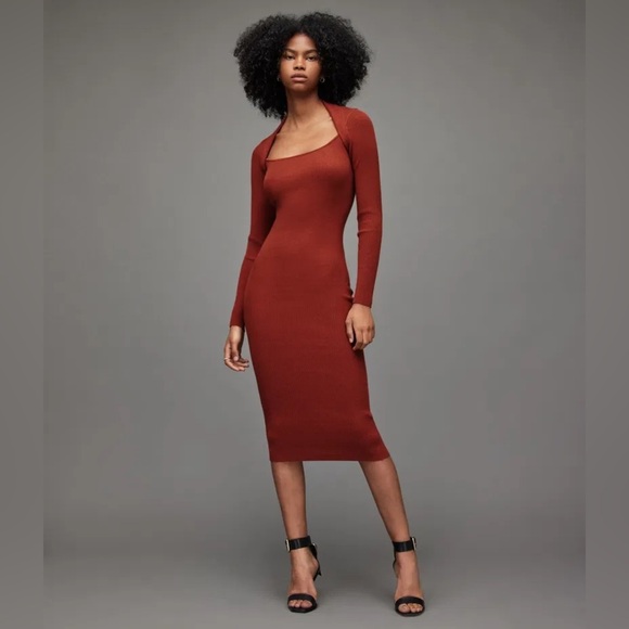 ALLSAINTS Rea Ribbed Midi Dress - Picture 1 of 13